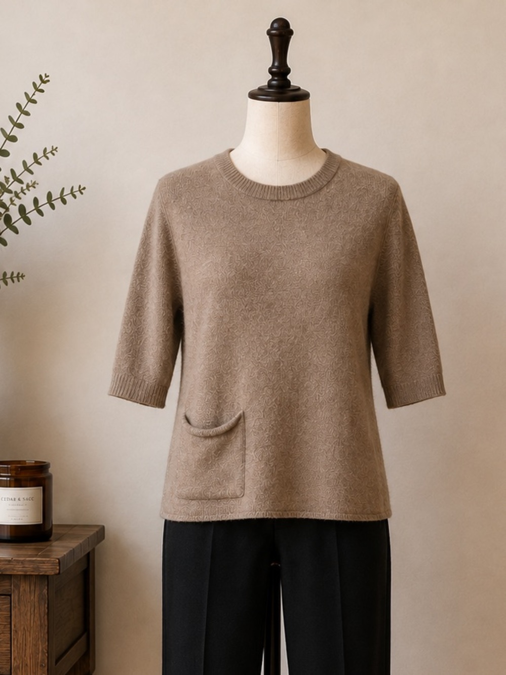 360Cashmere 100% Cashmere Taupe Knit Sweater Pocket Soft Luxury Fits XS